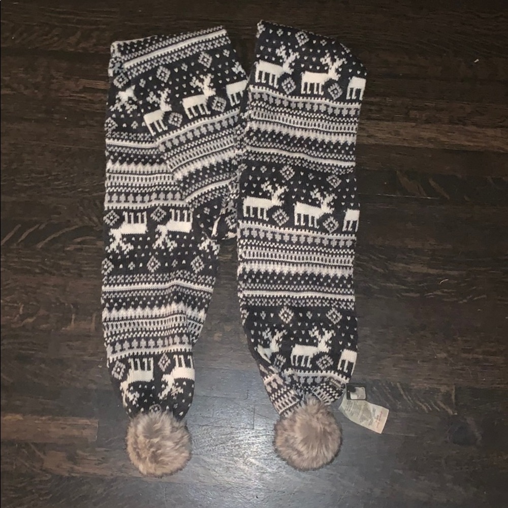 Fair isle knit scarf with plush poms